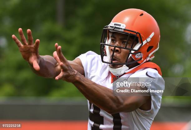 Defensive back Mike Jordan of the Cleveland Browns takes part in a drill during an OTA practice on May 30, 2018 at the Cleveland Browns training...