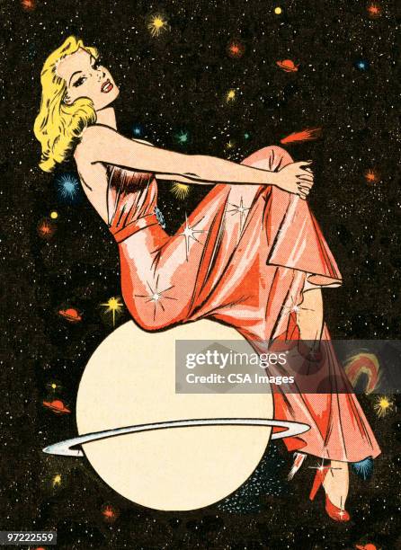 stockillustraties, clipart, cartoons en iconen met fancy woman on a planet - pin-up meisje