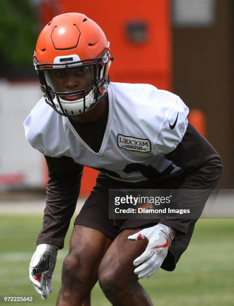Defensive back Denzel Ward of the Cleveland Browns takes part in a drill during an OTA practice on May 30, 2018 at the Cleveland Browns training...