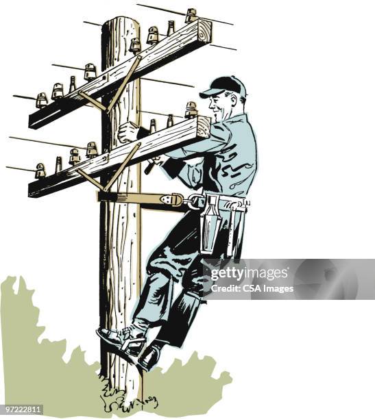 telephone repairman - utility pole stock illustrations