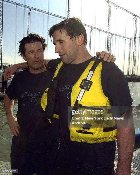 Alec Baldwin and brother Billy Baldwin after boat capsized at the Eddie Bauer Riverkeeper Kayak Challenge held at the Chelsea Piers.,