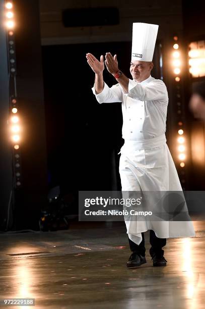 French chef Jerome Bocuse greets the audience during the Europe 2018 Bocuse d'Or International culinary competition. Best ten teams will access to...