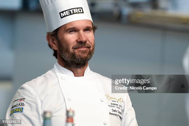 President of honour Carlo Cracco smiles during the Europe 2018 Bocuse d'Or International culinary competition. Best ten teams will access to the...