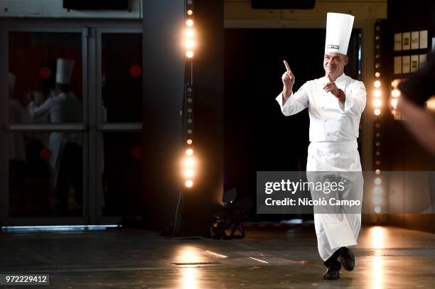 French chef Jerome Bocuse greets the audience during the Europe 2018 Bocuse d'Or International culinary competition. Best ten teams will access to...