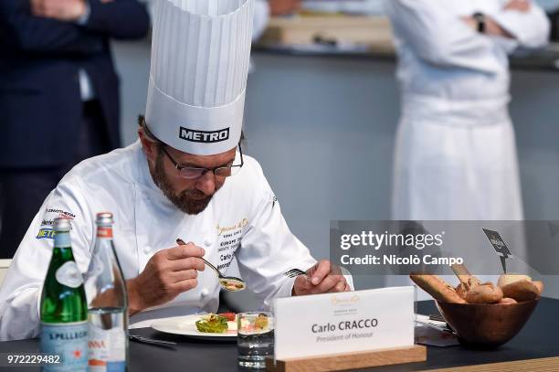 President of honour Carlo Cracco tastes a dish during the Europe 2018 Bocuse d'Or International culinary competition. Best ten teams will access to...