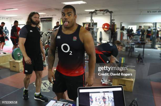 Kyle Sinckler jokes during the England gym session held at Kings Park Stadium on June 12, 2018 in Durban, South Africa.