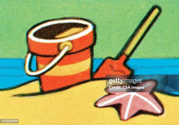 sandcastle tools - beach shells stock illustrations