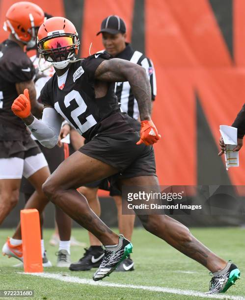 Wide receiver Josh Gordon of the Cleveland Browns runs a route during an OTA practice on May 30, 2018 at the Cleveland Browns training facility in...
