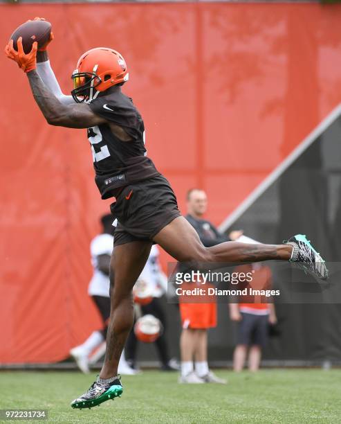 Wide receiver Josh Gordon of the Cleveland Browns catches a pass during an OTA practice on May 30, 2018 at the Cleveland Browns training facility in...