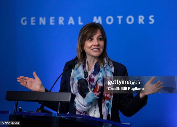 General Motors CEO Mary Barra speaks to the news media before the automobiile maker's annual meeting of shareholders at GM world headquarters June12,...