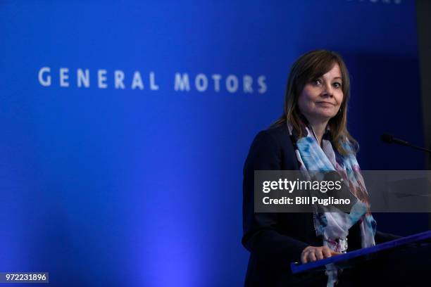 General Motors CEO Mary Barra speaks to the news media before the automobiile maker's annual meeting of shareholders at GM world headquarters June12,...