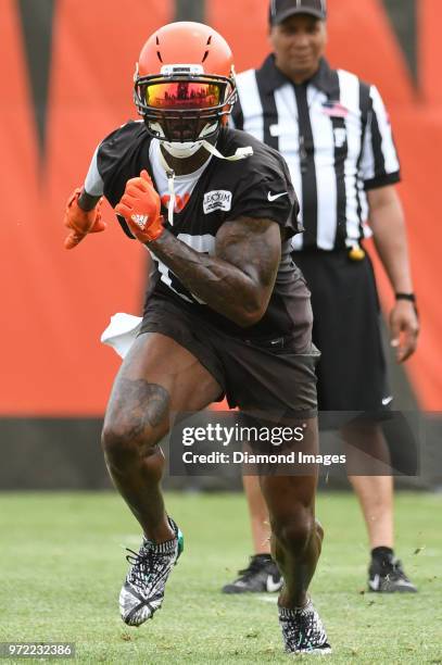 Wide receiver Josh Gordon of the Cleveland Browns runs a route during an OTA practice on May 30, 2018 at the Cleveland Browns training facility in...