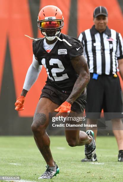 Wide receiver Josh Gordon of the Cleveland Browns runs a route during an OTA practice on May 30, 2018 at the Cleveland Browns training facility in...