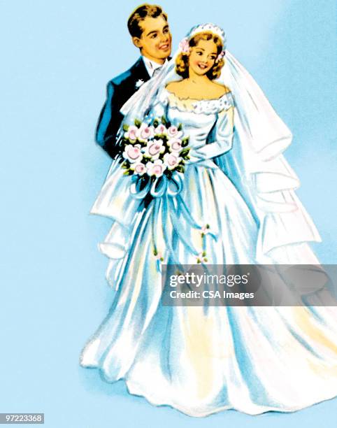 ilustraciones, imágenes clip art, dibujos animados e iconos de stock de bride and groom - dress