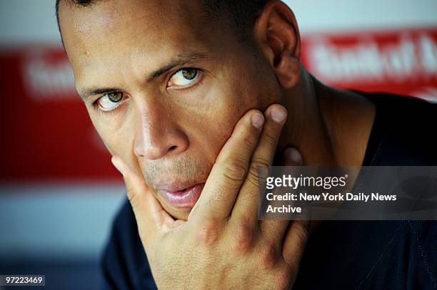 Alex Rodriguez in the Yankee dugout before the game againt Boston Red Sox.