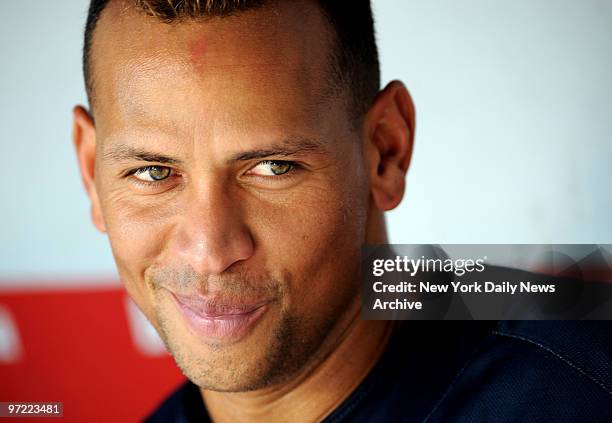 Alex Rodriguez in the Yankee dugout before the game againt Boston Red Sox.