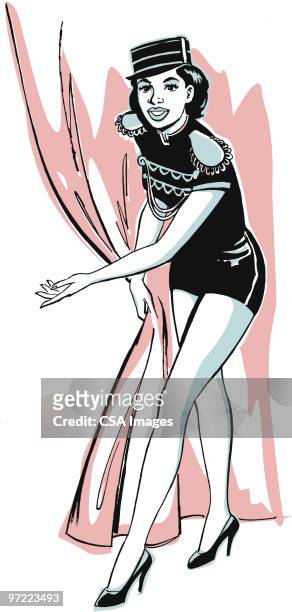 ilustraciones, imágenes clip art, dibujos animados e iconos de stock de woman pulling aside curtain - acomodador cine