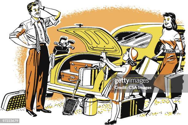 family packing for a trip - family travel stock illustrations