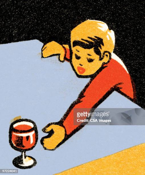 boy reaching for wine - excess stock illustrations