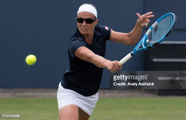 Kirsten Flipkens of Belgium hits a backhand during her Ladies Singles, first round match against Anna Kalinskaya of Russia on day two of the Libema...