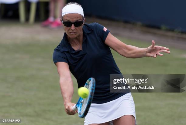 Kirsten Flipkens of Belgium hits a backhand during her Ladies Singles, first round match against Anna Kalinskaya of Russia on day two of the Libema...