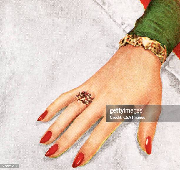 woman's hand with red fingernails - finger ring stock illustrations