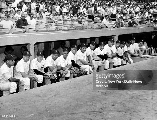 Manager's dream lineup fills the Yankees' dugout before the start of the 18th annual Old Timers' Game at the Stadium. From left are: Charlie Keller,...