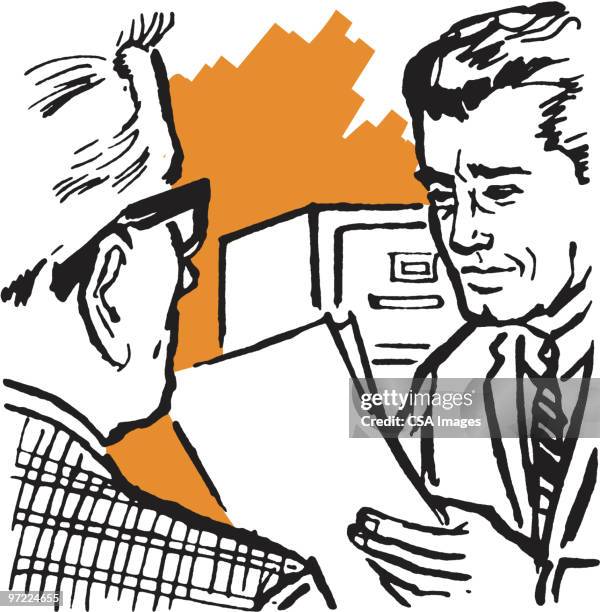 two businessmen reviewing a document - man being interviewed stock illustrations