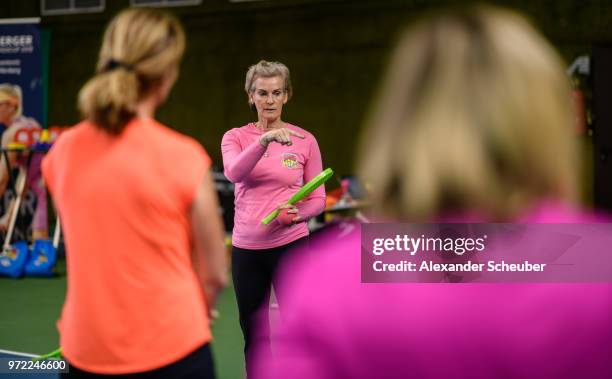 Judy Murray, mother of Andy Murray, teaches female tennis trainers on Day Two of the WTA Nuernberger Versicherungscup on May 20, 2018 in Nuremberg,...