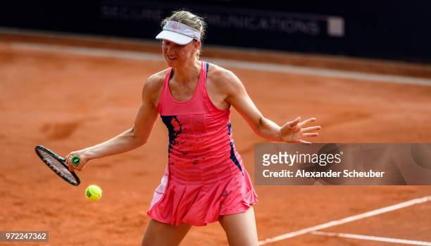 Mona Barthel of Germany in action during Day Three of the WTA Nuernberger Versicherungscup on May 21, 2018 in Nuremberg, Germany.