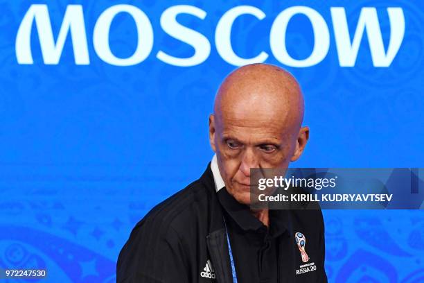 Chairman of the FIFA Referees Committee Pierluigi Collina attends a press conference in the Luzhniki stadium in Moscow on June 12 ahead of the Russia...