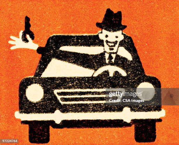 man with key in car - salesman stock illustrations