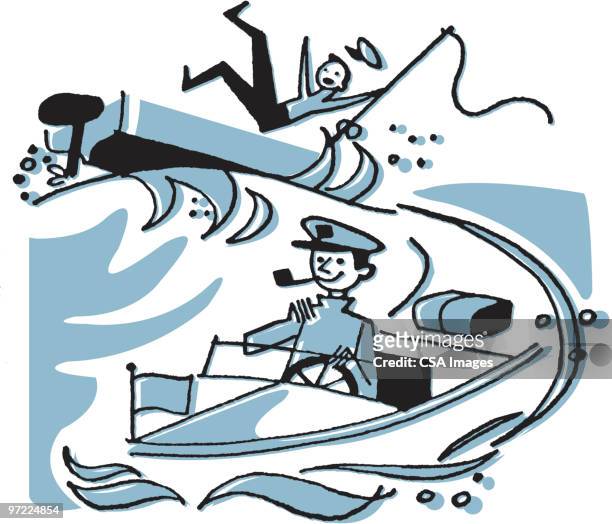 speedboat causing wake - waking up stock illustrations