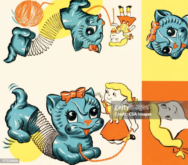 kitten and girl pattern - slinky stock illustrations