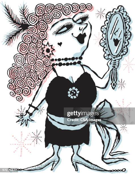 ilustraciones, imágenes clip art, dibujos animados e iconos de stock de flamboyant woman looking in mirror - burlesco