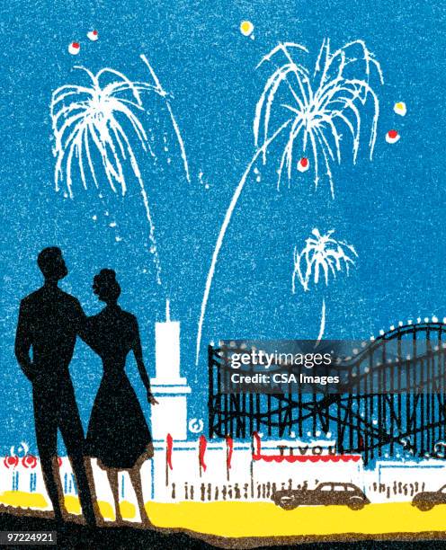 amusement park fireworks - woman enjoying night stock illustrations