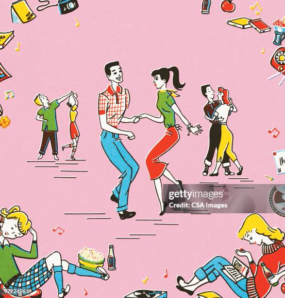 ilustraciones, imágenes clip art, dibujos animados e iconos de stock de dance party - grupo adolescentes amigos