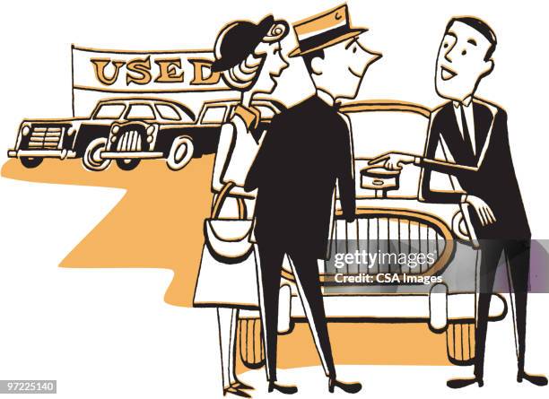 car salesman at used car lot with potential buyers - used car selling stock illustrations