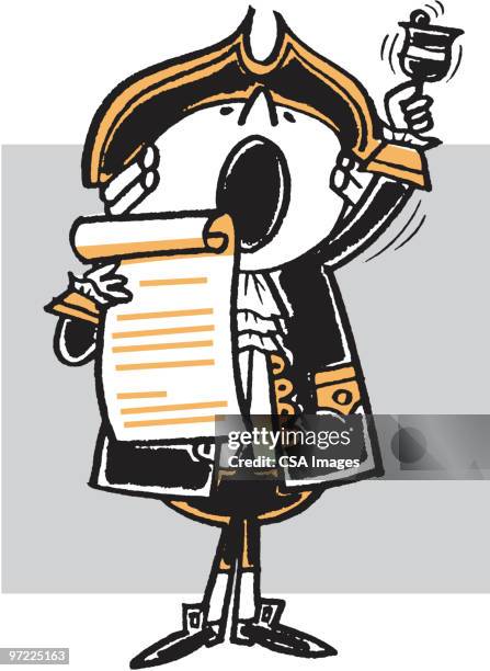 yelling man ringing bell and holding scroll of news - crier stock-grafiken, -clipart, -cartoons und -symbole