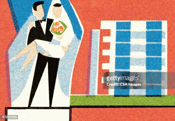 bride, groom, honeymoon hotel - embracing stock illustrations