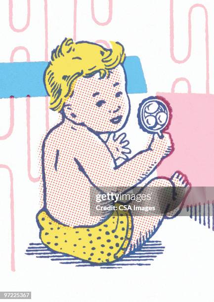 boy with rattle - baby white background stock illustrations