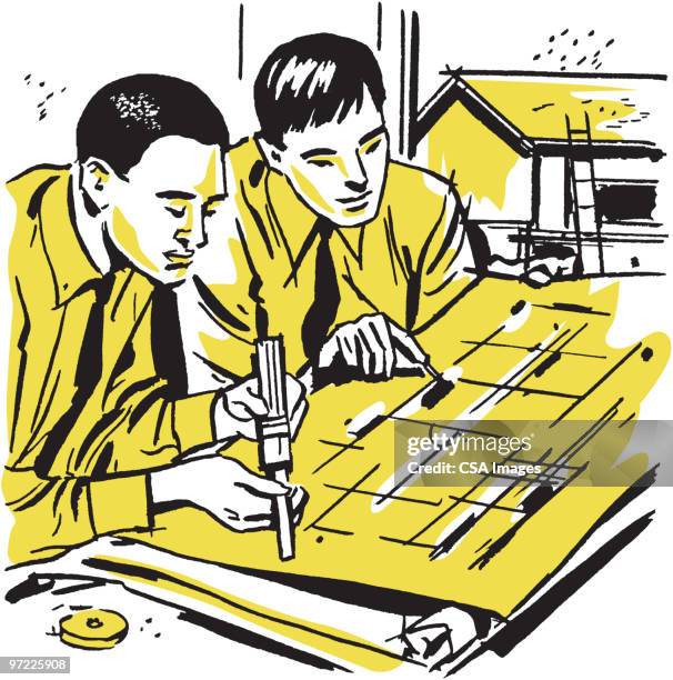 men working at drafting table - architecture plan stock illustrations