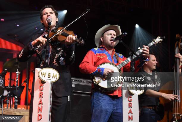 Ketch Secor and Critter Fuqua of Old Crow Medicine Show perform during a Grand Ole Opry tribute at the 2018 Bonnaroo Music & Arts Festival on June...