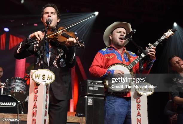 Ketch Secor and Critter Fuqua of Old Crow Medicine Show perform during a Grand Ole Opry tribute at the 2018 Bonnaroo Music & Arts Festival on June...