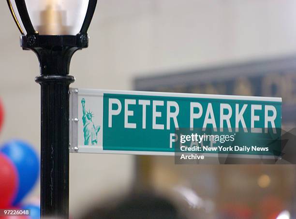 New street sign is hung renaming Rockefeller Plaza, "Peter Parker Place," as Mayor Michael Bloomberg presented the cast of the upcoming movie...