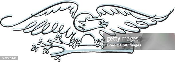 eagle with olive branch - bald eagle flying stock illustrations