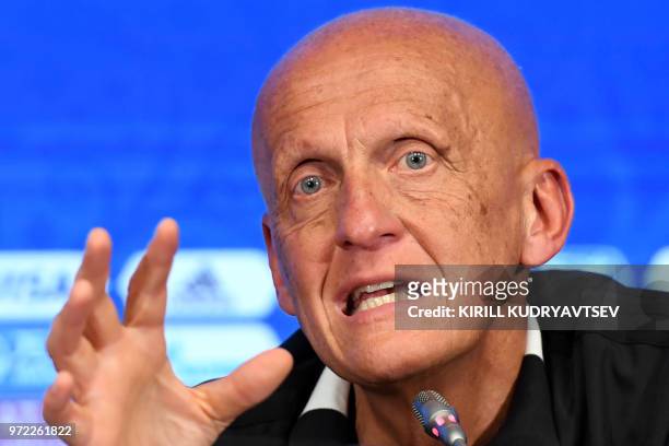 Chairman of the FIFA Referees Committee Pierluigi Collina speaks during a press conference in the Luzhniki stadium in Moscow on June 12 ahead of the...