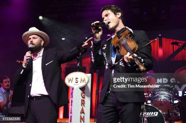 Joshua Hedley and Ketch Secor of Old Crow Medicine Show perform during a Grand Ole Opry tribute at the 2018 Bonnaroo Music & Arts Festival on June...