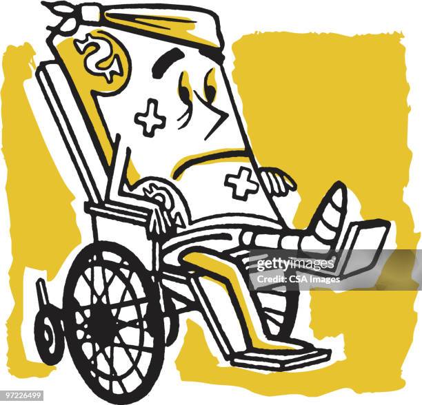 dollar bill in wheelchair with broken leg - medical billing stock illustrations