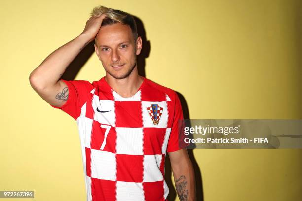 Ivan Rakitic of Croatia poses for a portrait during the official FIFA World Cup 2018 portrait session at Woodland Rhapsody Resort on June 12, 2018 in...
